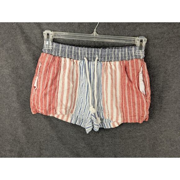 Red White Blue Striped Shorts Medium Elastic Drawstring Waist Pockets Patriotic - Picture 1 of 6